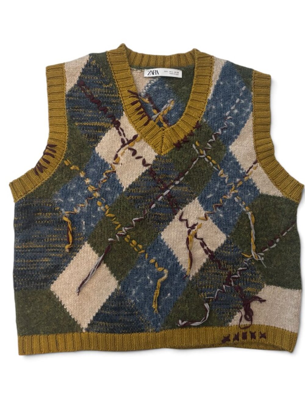 Zara Sweater Vest Womens Large Argyle Knit Preppy BOHO Patchwork Fringe Grandpa
